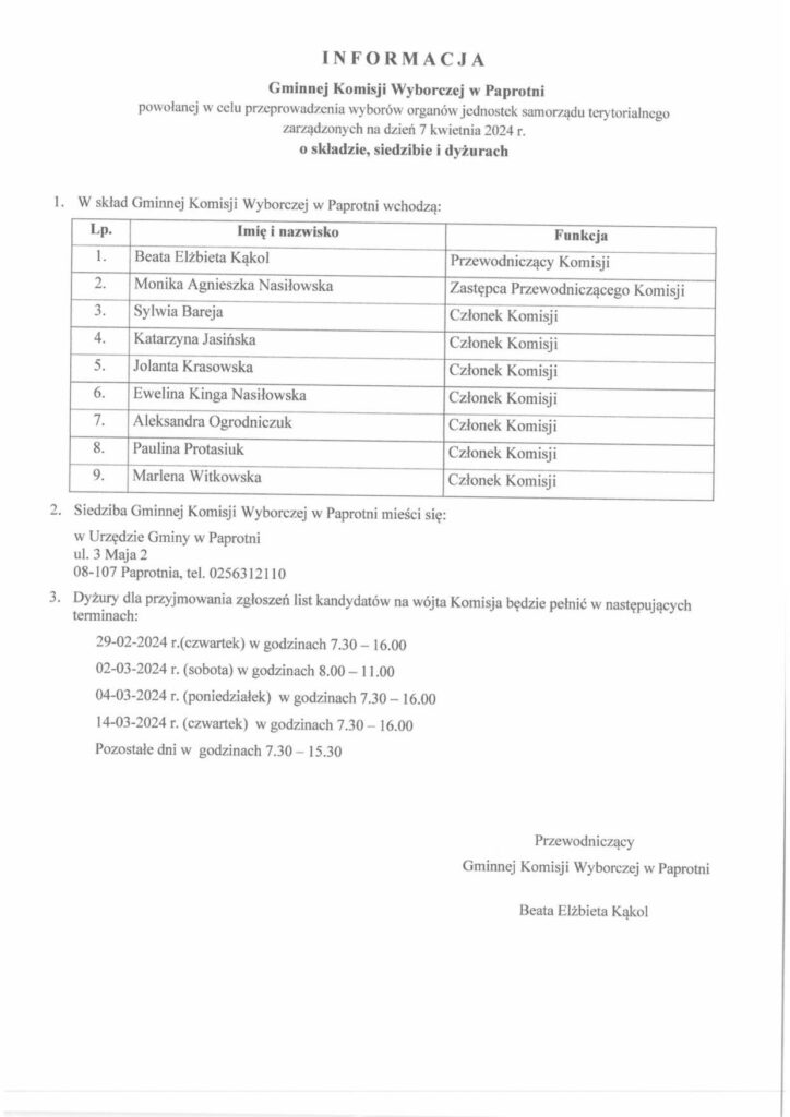Ilustracja do:  Informacja Gminnej Komisji Wyborczej w Paprotni o dyżurach komisji