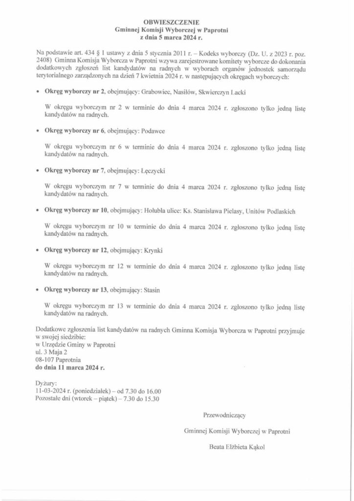 Ilustracja do:  Obwieszczenie  Gminnej Komisji Wyborczej w Paprotni – dodatkowe zgłoszenia list kandydatów n